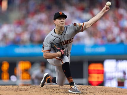 Aug 22, 2023; Philadelphia, Pennsylvania, USA; San Francisco Giants starting pitcher Kyle Harrison (45) throws a pitch during the second inning against the Philadelphia Phillies at Citizens Bank Park. Mandatory Credit: Bill Streicher-USA TODAY Sports