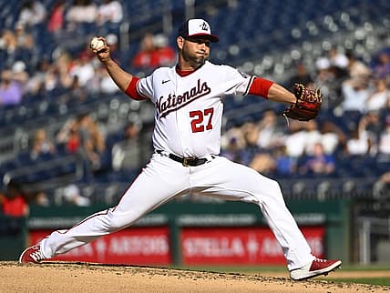 Aug 3, 2022; Washington, District of Columbia, USA; Washington Nationals starting pitcher Anibal Sanchez (27) throws to the New York Mets during the fifth inning at Nationals Park. Mandatory Credit: Brad Mills-USA TODAY Sports