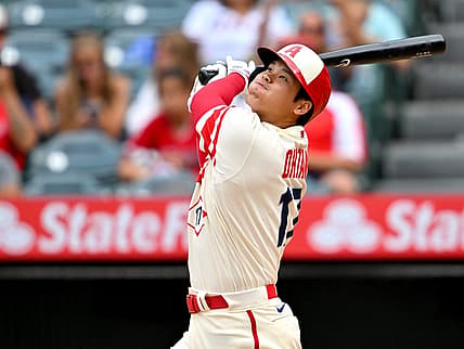 Aug 4, 2022; Anaheim, California, USA; Los Angeles Angels designated hitter Shohei Ohtani (17) strands a runner on base as he pops out for the final out the ninth inning against the Oakland Athletics at Angel Stadium. Mandatory Credit: Jayne Kamin-Oncea-USA TODAY Sports
