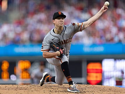 Aug 22, 2023; Philadelphia, Pennsylvania, USA; San Francisco Giants starting pitcher Kyle Harrison (45) throws a pitch during the second inning against the Philadelphia Phillies at Citizens Bank Park. Mandatory Credit: Bill Streicher-USA TODAY Sports