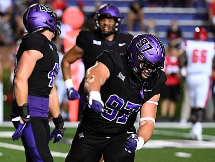 Furman Paladins defensive tackle Bryce Stanfield (97) celebrates after a play against North Greenville Crusaders at Paladin Stadium in Greenville, Thursday, September 1, 2022.

Jg Furman 090122 0047