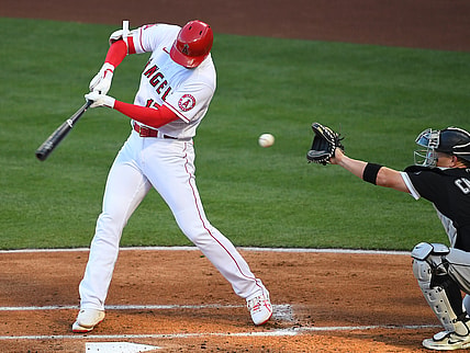 Apr 3, 2021; Anaheim, California, USA;  Los Angeles Angels designated hitter Shohei Ohtani (17) strikes out during his first at bat of the game against the Chicago White Sox in the first inning at Angel Stadium. Mandatory Credit: Jayne Kamin-Oncea-USA TODAY Sports