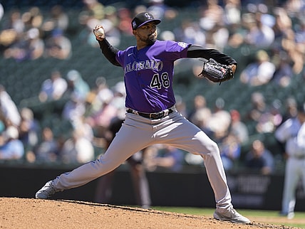 Jun 23, 2021; Seattle, Washington, USA;  Colorado Rockies starter German Marquez (48) delivers a pitch during the fourth inning of a game against the Seattle Mariners at T-Mobile Park. Mandatory Credit: Stephen Brashear-USA TODAY Sports