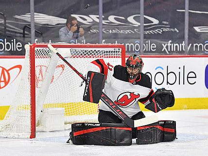 May 10, 2021; Philadelphia, Pennsylvania, USA; New Jersey Devils goaltender Scott Wedgewood (41) makes a save against the Philadelphia Flyers during the first period at Wells Fargo Center. Mandatory Credit: Eric Hartline-USA TODAY Sports