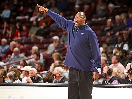 Dec 5, 2021; Columbia, South Carolina, USA; Georgetown Hoyas head coach Patrick Ewing yells from the sidelines against the South Carolina Gamecocks in the first half at Colonial Life Arena. Mandatory Credit: Jeff Blake-USA TODAY Sports