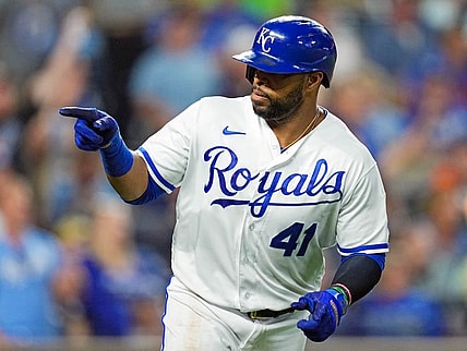 Jun 9, 2022; Kansas City, Missouri, USA; Kansas City Royals first baseman Carlos Santana (41) gestures to the dugout after hitting a home run against the Baltimore Orioles during the fifth inning at Kauffman Stadium. Mandatory Credit: Jay Biggerstaff-USA TODAY Sports