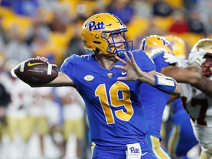 Nov 16, 2023; Pittsburgh, Pennsylvania, USA;  Pittsburgh Panthers quarterback Nate Yarnell (19) passes against the Boston College Eagles during the third quarter at Acrisure Stadium. Mandatory Credit: Charles LeClaire-USA TODAY Sports