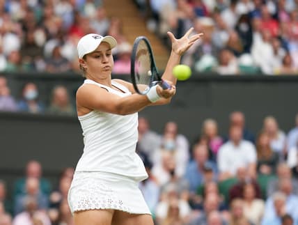 Jul 6, 2021; London, United Kingdom;  Ashleigh Barty (AUS) seen playing Ajla Tomljanovic (AUS) in the women   s quarter finals at All England Lawn Tennis and Croquet Club. Mandatory Credit: Peter van den Berg-USA TODAY Sports
