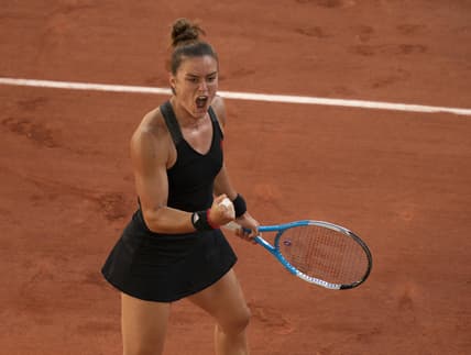 Jun 10, 2021; Paris, France; Maria Sakkari (GRE) reacts during her semifinal match against Barbora Krejcikova (CZE) on day 12 of the French Open at Stade Roland Garros. Mandatory Credit: Susan Mullane-USA TODAY Sports