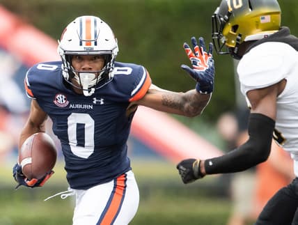Auburn Tigers wide receiver Demetris Robertson (0) runs the ball after a catch at Jordan-Hare Stadium in Auburn, Ala., on Saturday, Sept. 11, 2021. Auburn Tigers leads Alabama State Hornets 20-0 at halftime.