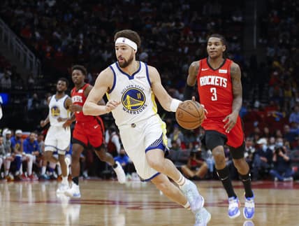 Jan 31, 2022; Houston, Texas, USA; Golden State Warriors guard Klay Thompson (11) in action during the game against the Houston Rockets at Toyota Center. Mandatory Credit: Troy Taormina-USA TODAY Sports
