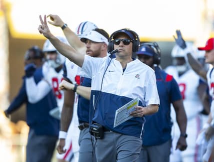Nov 27, 2021; Tempe, Arizona, USA; Arizona Wildcats head coach Jedd Fisch against the Arizona State Sun Devils during the Territorial Cup at Sun Devil Stadium. Mandatory Credit: Mark J. Rebilas-USA TODAY Sports