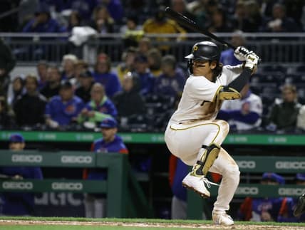 Sep 23, 2022; Pittsburgh, Pennsylvania, USA; Pittsburgh Pirates second baseman Ji-hwan Bae (71) at bat in his major league debut against the Chicago Cubs during the fourth inning at PNC Park. Mandatory Credit: Charles LeClaire-USA TODAY Sports