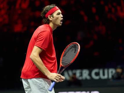 Sep 24, 2022; London, United Kingdom;Taylor Fritz (USA) celebrates winning a point against Cameron Norrie (GBR) in a Laver Cup singles match.  Mandatory Credit: Peter van den Berg-USA TODAY Sports