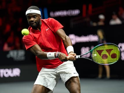 Sep 25, 2022; London, United Kingdom; Frances Tiafoe (USA) plays a shot against Stefanos Tsitsipas (GRE) in Lavers Cup singles. Mandatory Credit: Peter van den Berg-USA TODAY Sports
