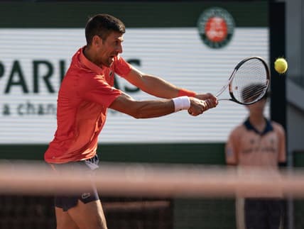 Jun 6 2023; Paris,France; Novak Djokovic (SRB) returns a shot during his match against Karen Khachanov on day 10 at Stade Roland-Garros. Mandatory Credit: Susan Mullane-USA TODAY Sports