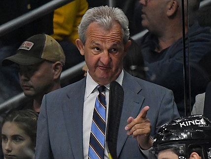 Apr 2, 2017; Los Angeles, CA, USA; Los Angeles Kings head coach Darryl Sutter makes a point in the first period of the game against the Arizona Coyotes at Staples Center. Mandatory Credit: Jayne Kamin-Oncea-USA TODAY Sports