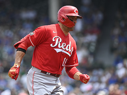 Jul 29, 2021; Chicago, Illinois, USA; Cincinnati Reds first baseman Joey Votto (19) after he hit a two-run home against the Chicago Cubs during the first inning at Wrigley Field. Mandatory Credit: Matt Marton-USA TODAY Sports