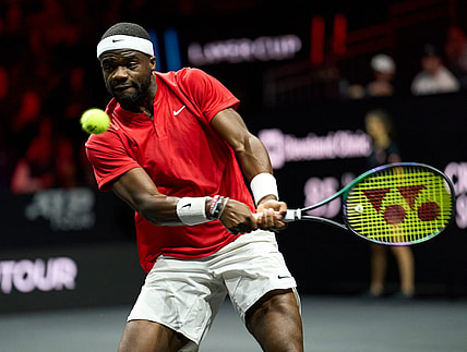 Sep 25, 2022; London, United Kingdom; Frances Tiafoe (USA) plays a shot against Stefanos Tsitsipas (GRE) in Lavers Cup singles. Mandatory Credit: Peter van den Berg-USA TODAY Sports