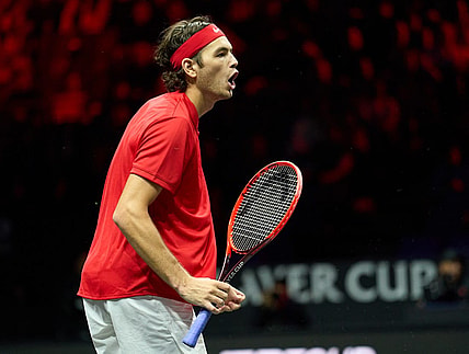 Sep 24, 2022; London, United Kingdom;Taylor Fritz (USA) celebrates winning a point against Cameron Norrie (GBR) in a Laver Cup singles match.  Mandatory Credit: Peter van den Berg-USA TODAY Sports