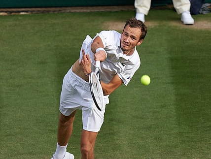 Jul 3, 2021; London, United Kingdom;  Daniil Medvedev (RUS) plays Marin Cilic (CRO) on No 1 court in the men   s third round at All England Lawn Tennis and Croquet Club. Mandatory Credit: Peter van den Berg-USA TODAY Sports
