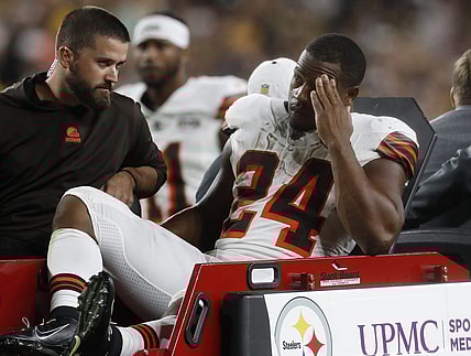 Sep 18, 2023; Pittsburgh, Pennsylvania, USA;  Cleveland Browns running back Nick Chubb (24) is taken from the field on a cart after suffering an apparent injury against the Pittsburgh Steelers during the second quarter at Acrisure Stadium. Mandatory Credit: Charles LeClaire-USA TODAY Sports