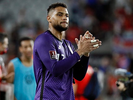 United States' goalkeeper Zack Steffen (13) celebrates a 2-1 win over Costa Rica in their World Cup qualifier at Lower.com Field in Columbus, Ohio on October 13, 2021.

Ceb Usa Soccer Kwr 44