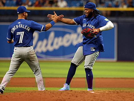 Mar 28, 2024; St. Petersburg, Florida, USA;Toronto Blue Jays first baseman Vladimir Guerrero Jr. (27) and first baseman Vladimir Guerrero Jr. (27) celebrates after they beat the Tampa Bay Rays at Tropicana Field. Mandatory Credit: Kim Klement Neitzel-USA TODAY Sports