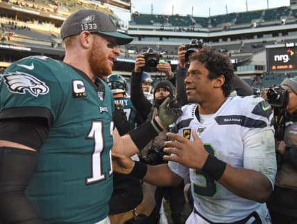 Eagles' Carson Wentz and Seahawks' Russell Wilson talk after NFL game