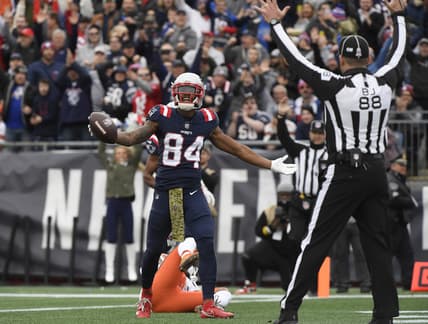 Nov 14, 2021; New England Patriots wide receiver Kendrick Bourne (84) reacts after scoring a touchdown during the first half against the Cleveland Browns at Gillette Stadium. Foxborough, Massachusetts, USA; Mandatory Credit: Bob DeChiara-USA TODAY Sports