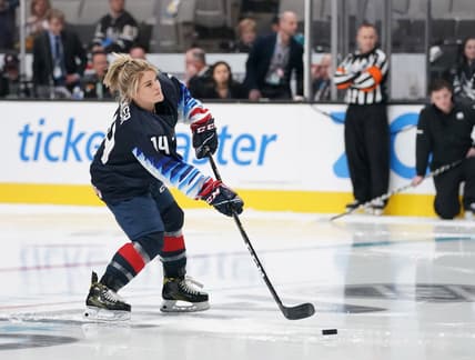 Jan 25, 2019; San Jose, CA, USA; USA women's ice hockey player Brianna Decker in the premier passer competition in the 2019 NHL All Star Game skills competition at SAP Center. Mandatory Credit: Kyle Terada-USA TODAY Sports
