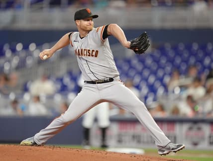 Apr 19, 2023; Miami, Florida, USA;  San Francisco Giants starting pitcher Alex Cobb (38) pitches against the Miami Marlins in the first inning at loanDepot Park. Mandatory Credit: Jim Rassol-USA TODAY Sports