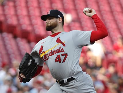 May 22, 2023; Cincinnati, Ohio, USA; St. Louis Cardinals starting pitcher Jordan Montgomery (47) throws against the Cincinnati Reds during the first inning at Great American Ball Park. Mandatory Credit: David Kohl-USA TODAY Sports