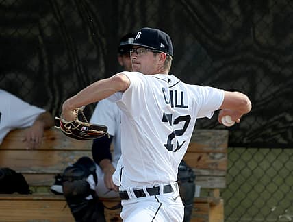 Detroit Tigers prospect Garrett Hill warms up before throwing live batting practice during spring training  minicamp Wednesday, Feb. 23, 2022 at Tiger Town in Lakeland.

Tigers7