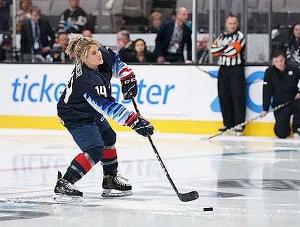 Jan 25, 2019; San Jose, CA, USA; USA women's ice hockey player Brianna Decker in the premier passer competition in the 2019 NHL All Star Game skills competition at SAP Center. Mandatory Credit: Kyle Terada-USA TODAY Sports
