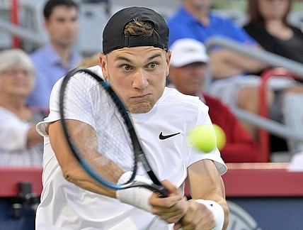 Aug 11, 2022; Montreal, QC, Canada; Jack Draper (GBR) hits a backhand against Gael Monfils (FRA) (not pictured) in third round play in the National Bank Open at IGA Stadium. Mandatory Credit: Eric Bolte-USA TODAY Sports