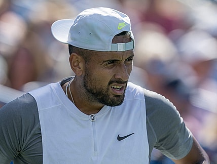 Aug 17, 2022; Cincinnati, OH, USA; Nick Kyrgios (AUS) questions a call during his match against Taylor Fritz (USA) at the Western & Southern Open at the at the Lindner Family Tennis Center. Mandatory Credit: Susan Mullane-USA TODAY Sports