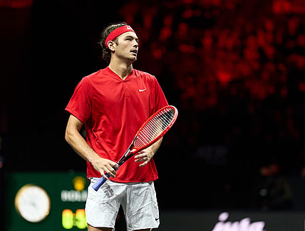 Sep 24, 2022; London, United Kingdom;Taylor Fritz (USA) reacts to a point against Cameron Norrie (GBR) in a Laver Cup singles match.  Mandatory Credit: Peter van den Berg-USA TODAY Sports