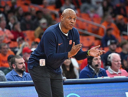 Dec 5, 2023; Syracuse, New York, USA; Syracuse Orange head coach Adrian Autry encourages his players on the court against the Cornell Big Red in the second half at the JMA Wireless Dome. Mandatory Credit: Mark Konezny-USA TODAY Sports
