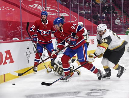 Jun 20, 2021; Montreal, Quebec, CAN; Montreal Canadiens forward Corey Perry (94) plays the puck and Vegas Golden Knights goalie Marc-Andre Fleury (29) forechecks during the first period in game four of the 2021 Stanley Cup Semifinals at the Bell Centre. Mandatory Credit: Eric Bolte-USA TODAY Sports