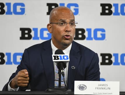 Jul 22, 2021; Indianapolis, Indiana, USA;  Penn State Nittany Lions head coach James Franklin speaks to the media during Big 10 media days at Lucas Oil Stadium. Mandatory Credit: Robert Goddin-USA TODAY Sports