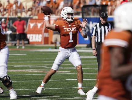 Sep 4, 2021; Austin, Texas, USA; Texas Longhorns quarterback Hudson Card (1) passes the ball in the first half of the game against the Louisiana Ragin' Cajuns at Darrell K Royal-Texas Memorial Stadium. Mandatory Credit: Scott Wachter-USA TODAY Sports