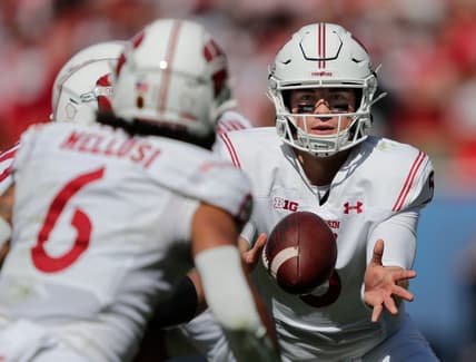 Wisconsin Badgers quarterback Graham Mertz (5) tosss the ball to running back Chez Mellusi (6) during their football game Saturday, September 25, 2021, at Soldier Field in Chicago, Ill. Dan Powers/USA TODAY NETWORK-Wisconsin

Apc Badgersvsnotredame 0925211848djp