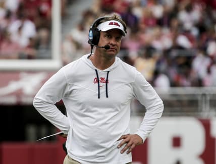 Oct 2, 2021; Tuscaloosa, Alabama, USA;  Mississippi Rebels head coach Lane Kiffin reacts after turning the ball over against the Alabama Crimson Tide during the second half of an NCAA college football game at Bryant-Denny Stadium. Mandatory Credit: Butch Dill-USA TODAY Sports