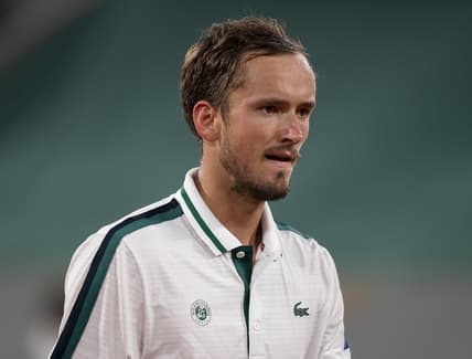 Jun 8, 2021; Paris, France; Daniil Medvedev (RUS) during his match against Stefanos Tsitsipas (GRE) on day 10 of the French Open at Stade Roland Garros. Mandatory Credit: Susan Mullane-USA TODAY Sports