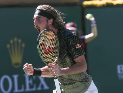 Stefanos Tsitsipas celebrates a point against Nikoloz Basilashvili during their quarterfinal match at the BNP Paribas Open in Indian Wells, October 15, 2021.

Bnp Friday 29
