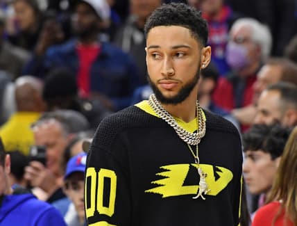 Mar 10, 2022; Philadelphia, Pennsylvania, USA; Brooklyn Nets guard Ben Simmons (10) on the bench against the Philadelphia 76ers at Wells Fargo Center. Mandatory Credit: Eric Hartline-USA TODAY Sports