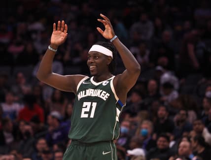 Mar 16, 2022; Sacramento, California, USA; Milwaukee Bucks guard Jrue Holiday (21) smiles between plays against the Sacramento Kings during the fourth quarter at Golden 1 Center. Mandatory Credit: Kelley L Cox-USA TODAY Sports