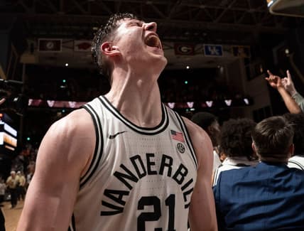 Vanderbilt forward Liam Robbins (21) celebrates after defeating Tennessee 66 to 65 at Memorial Gymnasium Wednesday, Feb. 8, 2023, in Nashville, Tenn.

Ncaa Basketball Tennessee At Vanderbilt