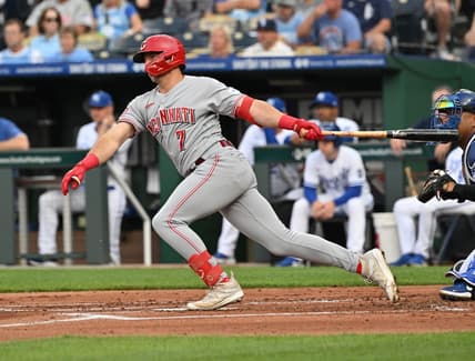 Jun 13, 2023; Kansas City, Missouri, USA;  Cincinnati Reds first baseman Spencer Steer (7) hits an RBI single in the first inning against Kansas City Royals at Kauffman Stadium. Mandatory Credit: Peter Aiken-USA TODAY Sports
